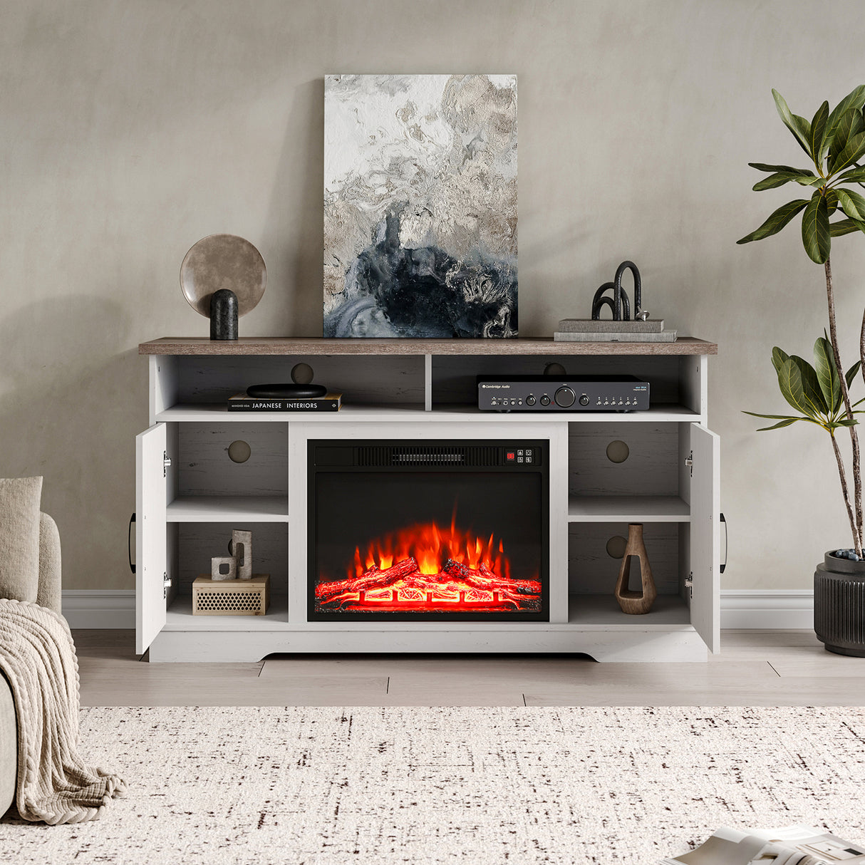 Boho Wooden TV Unit Mantel with Recessed Electric Fireplace