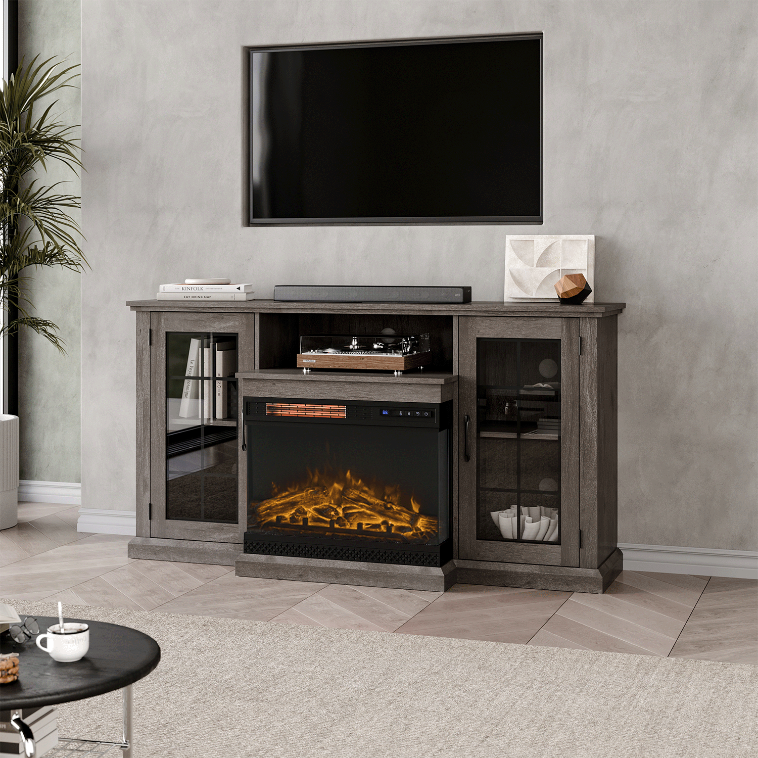 Tv stand with top fireplace sliding doors
