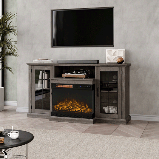 3-Sided Fireplace TV Stand Wood With Glass Door Storage