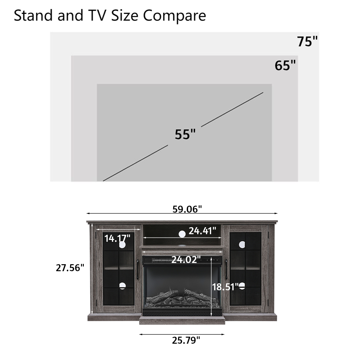 3-Sided Fireplace TV Stand Wood With Glass Door Storage