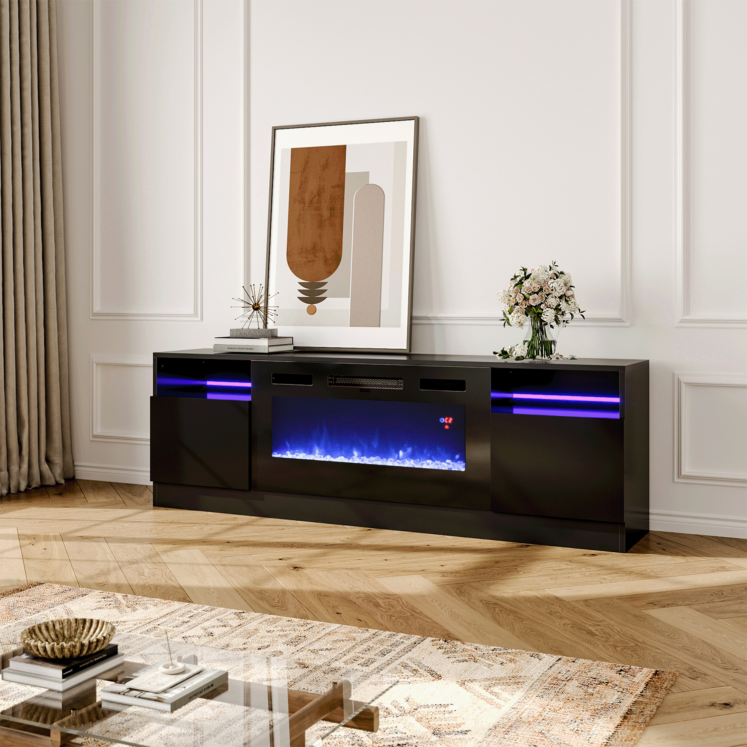 Recessed Electric Fireplace TV Stand with Storage Cabinets
