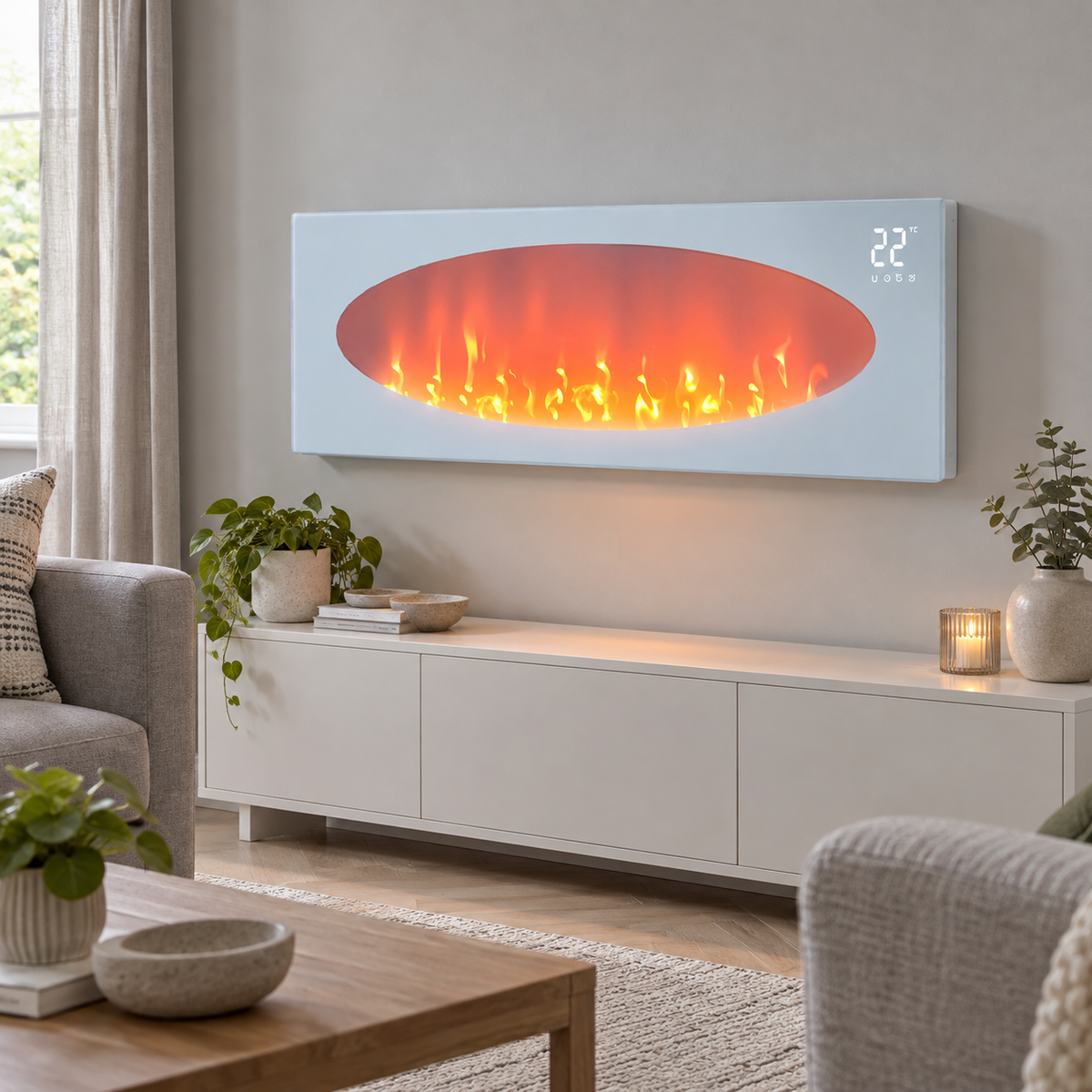 Smart WiFi-Connected White Electric Fireplace with Remote