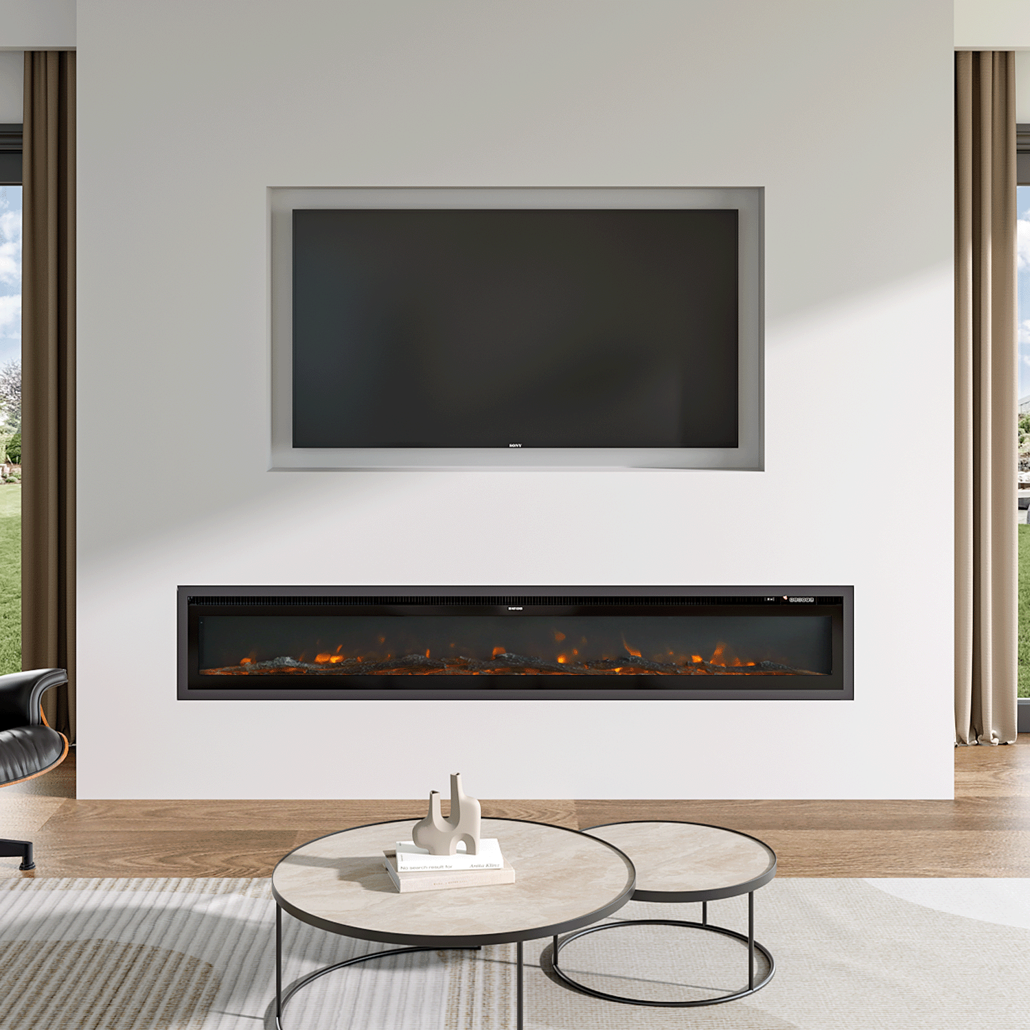 realistic electric log burner fireplace with tv above