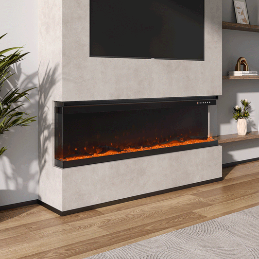 built in 3-sided glass electric log burner fireplace with tv above
