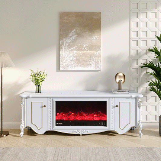Exquisite Resin Carving White Mantel TV Stand with Fireplace Cabinet