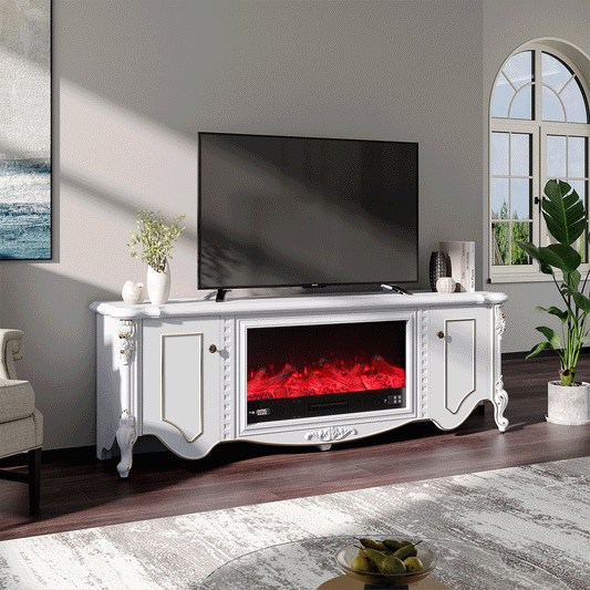 Exquisite Resin Carving White Mantel TV Stand with Fireplace Cabinet