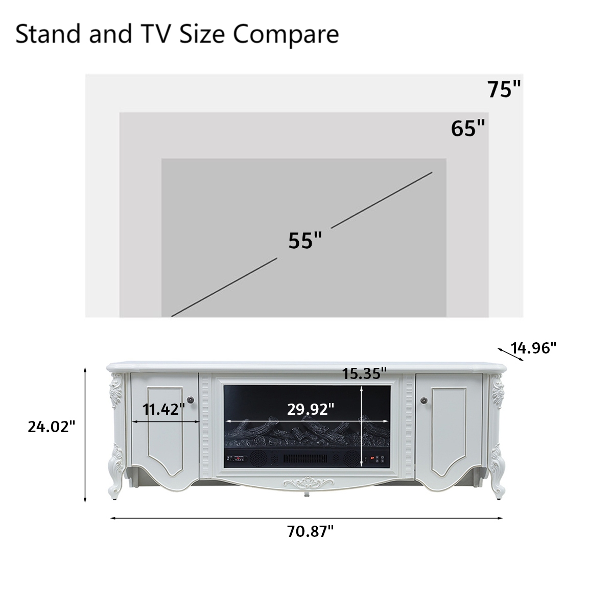 Exquisite Resin Carving White Mantel TV Stand with Fireplace Cabinet