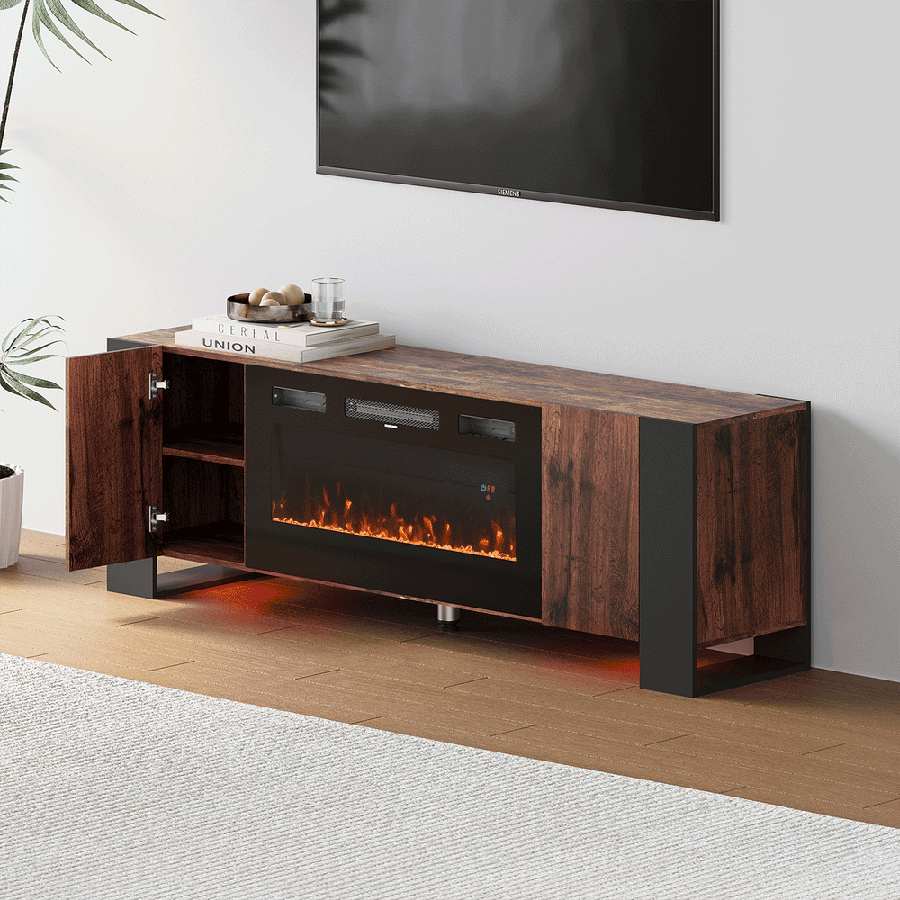 70inch W Wooden TV stand with Electric Fireplace and Storage