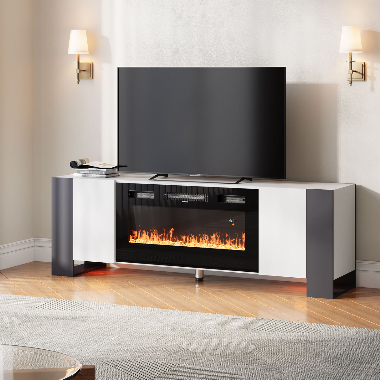 Modern Wooden TV Unit with Fireplace Electric and Storage