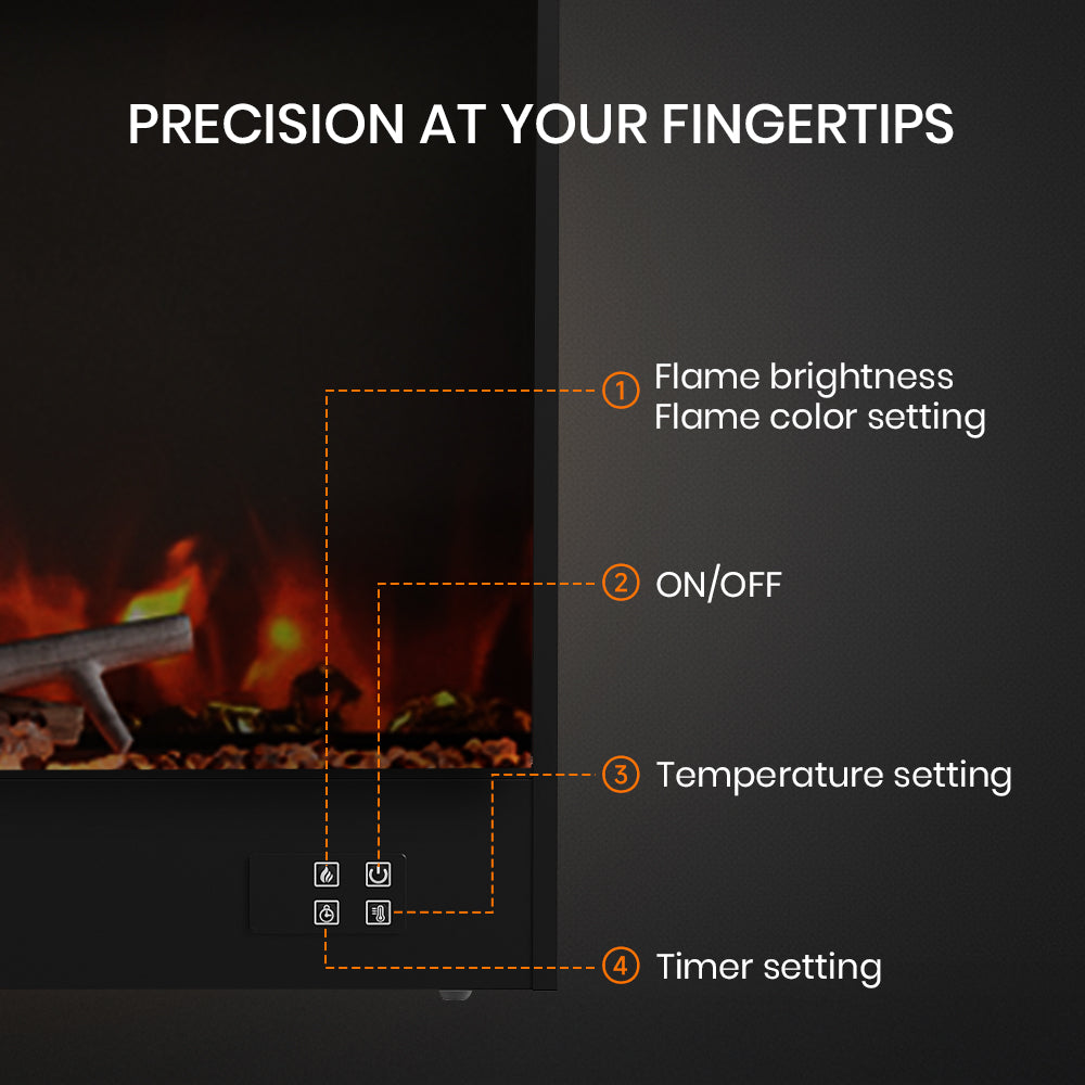 Electric fireplace touch controls for flame brightness, colour, temperature and timer