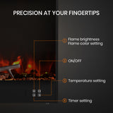 Electric fireplace touch controls for flame brightness, colour, temperature and timer
