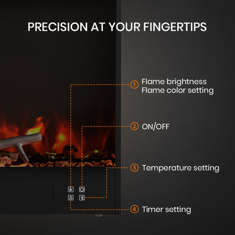 Electric fireplace touch controls for flame brightness, colour, temperature and timer