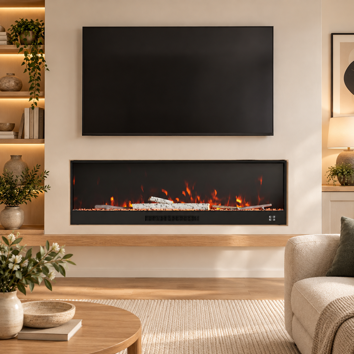 Electric fireplace with realistic flames below a wall-mounted TV in a living room