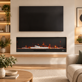 Electric fireplace with realistic flames below a wall-mounted TV in a living room
