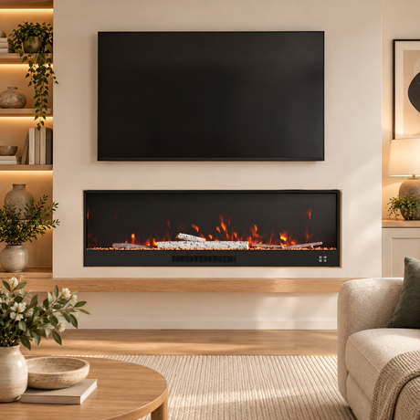 Electric fireplace with realistic flames below a wall-mounted TV in a living room
