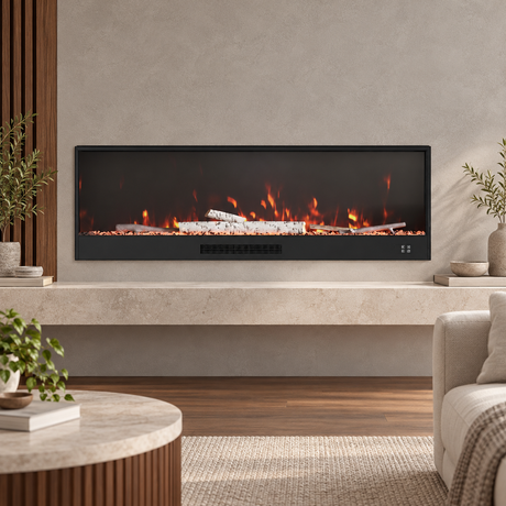 Black electric fireplace inset in a stone feature wall with orange flames in a modern living room