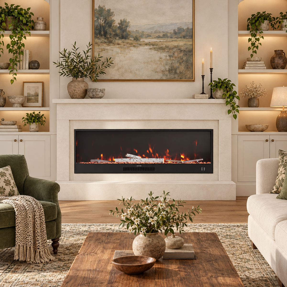 Recessed electric fireplace below a white mantel in a bright sitting room