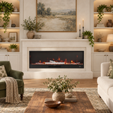 Recessed electric fireplace below a white mantel in a bright sitting room