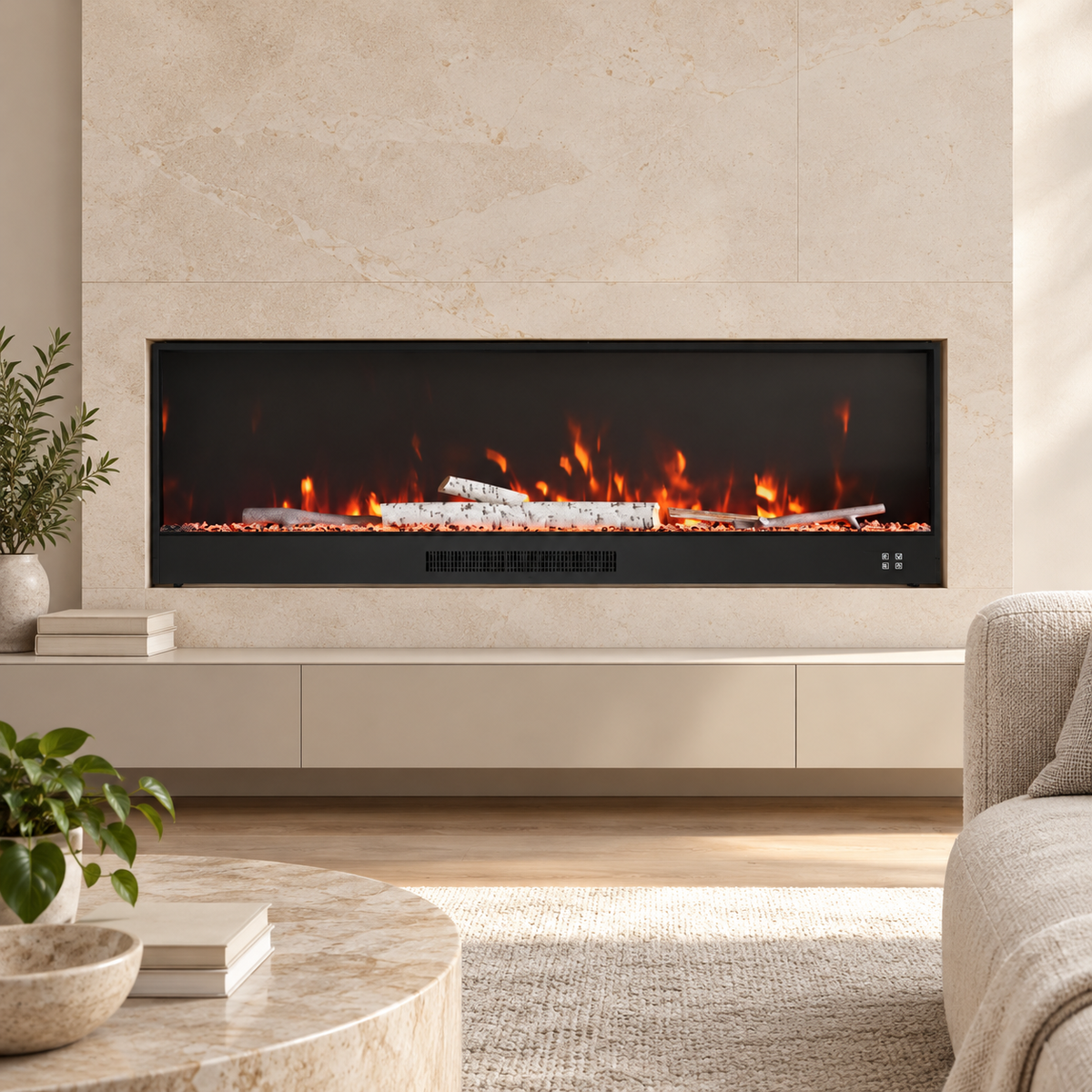 Black electric fireplace with glowing ember bed set into a neutral stone wall