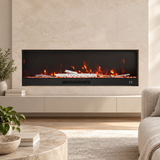 Black electric fireplace with glowing ember bed set into a neutral stone wall