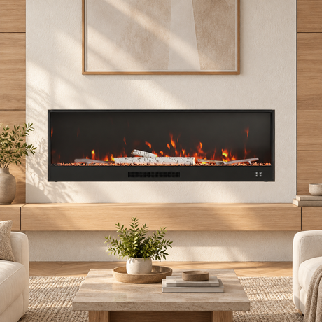 Wide electric fireplace inset in a wood-panelled living room wall