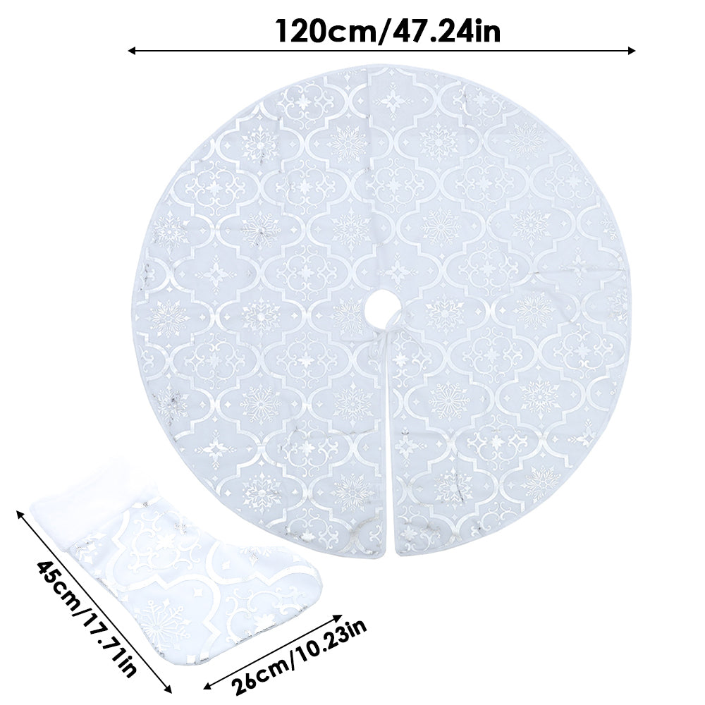 Elegant White Christmas Tree Skirt with Matching Stocking – 120cm Snowflake Pattern