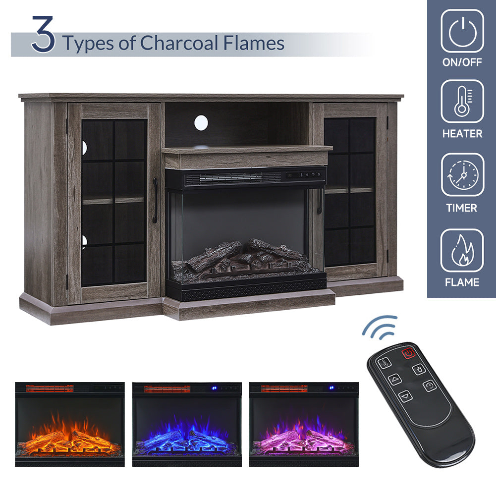 3-Sided Fireplace TV Stand Wood With Glass Door Storage