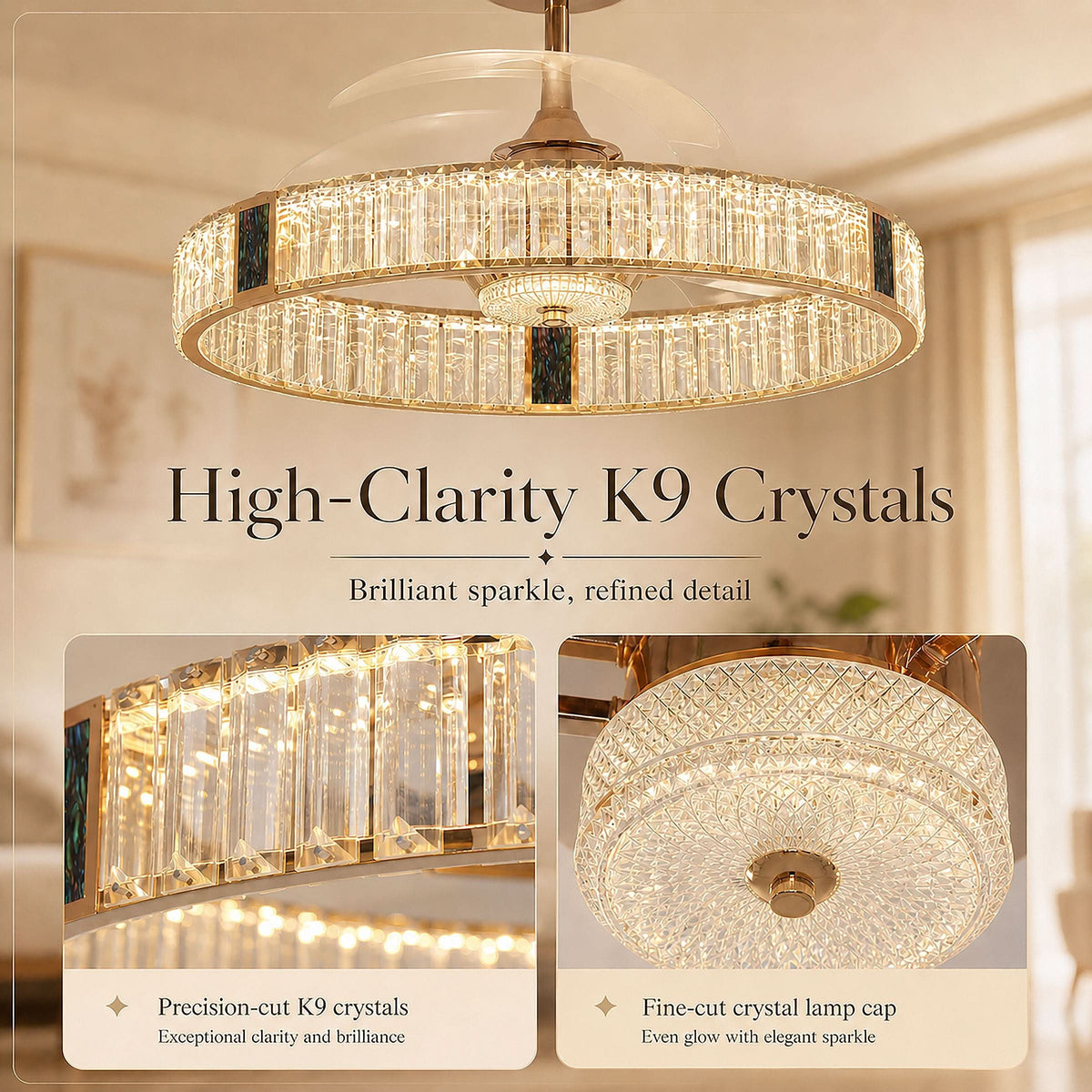 Lightsin 60cm Gold Crystal Ceiling Fan with LED Light, Remote Control & 6 Speeds Lightsin UK 