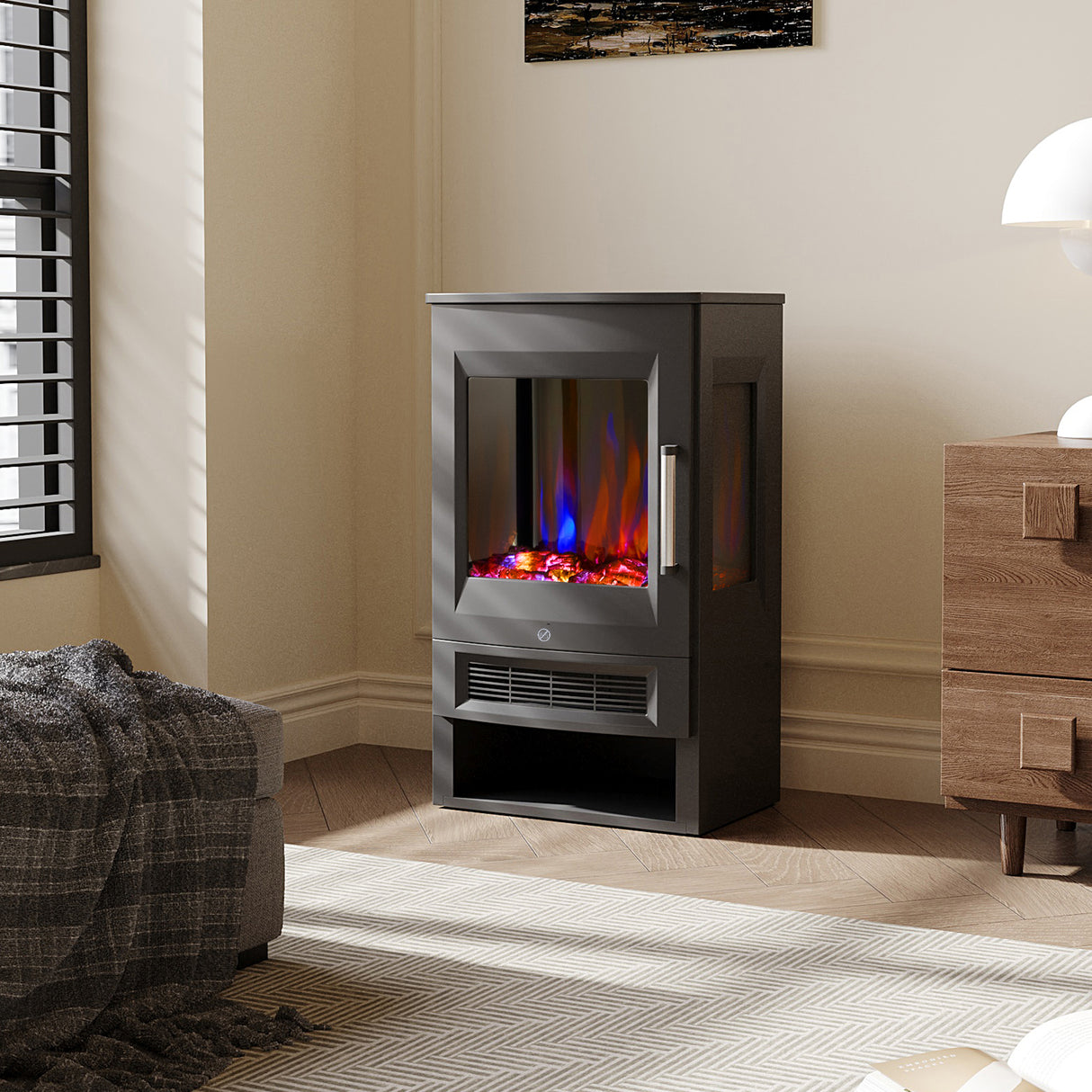3-Sided Freestanding Electric Fireplace with Remote Control – Black, 900/1800W, Adjustable LED Flame & Temperature