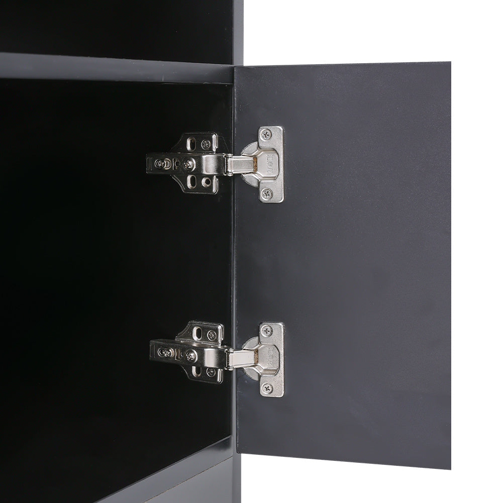 detail of black electric fireplace with storage cabinets