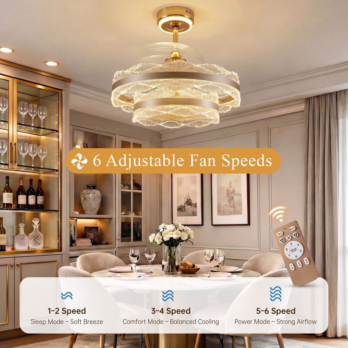 Close-up detail of Acrylic Adjustable Colour Temperature Fan Light with Remote & Timer