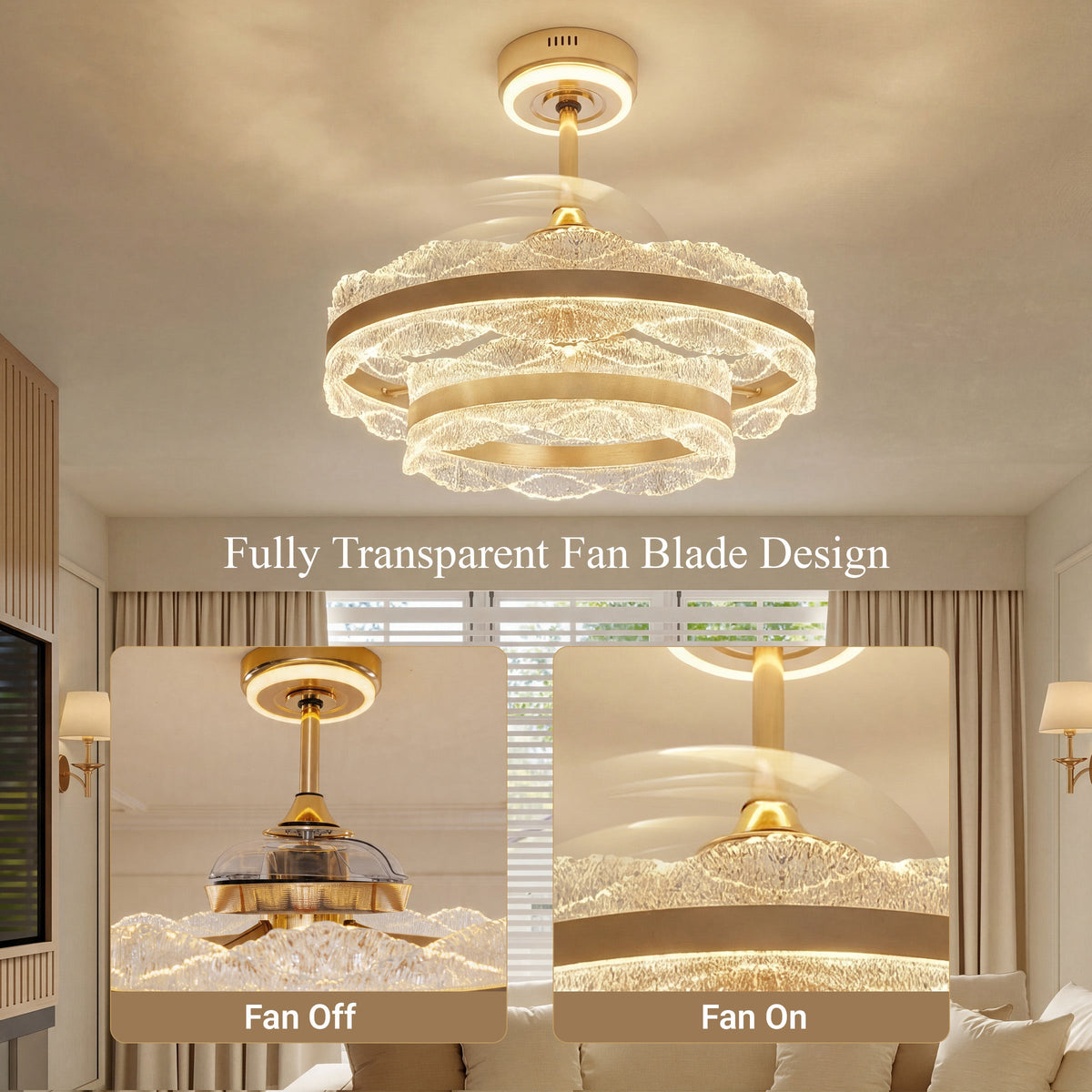 Close-up detail of Acrylic Adjustable Colour Temperature Fan Light with Remote & Timer