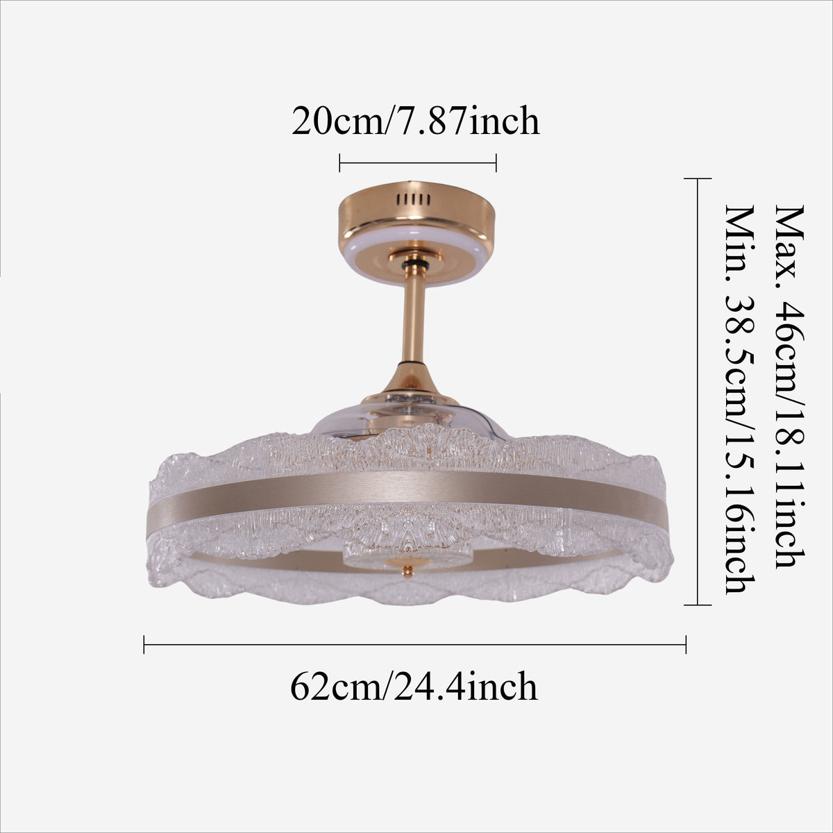 Size chart for Acrylic Adjustable Colour Temperature Fan Light with Remote & Timer