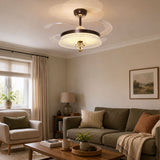 36 inch reversible ceiling fan with LED light shown from below with LED light on