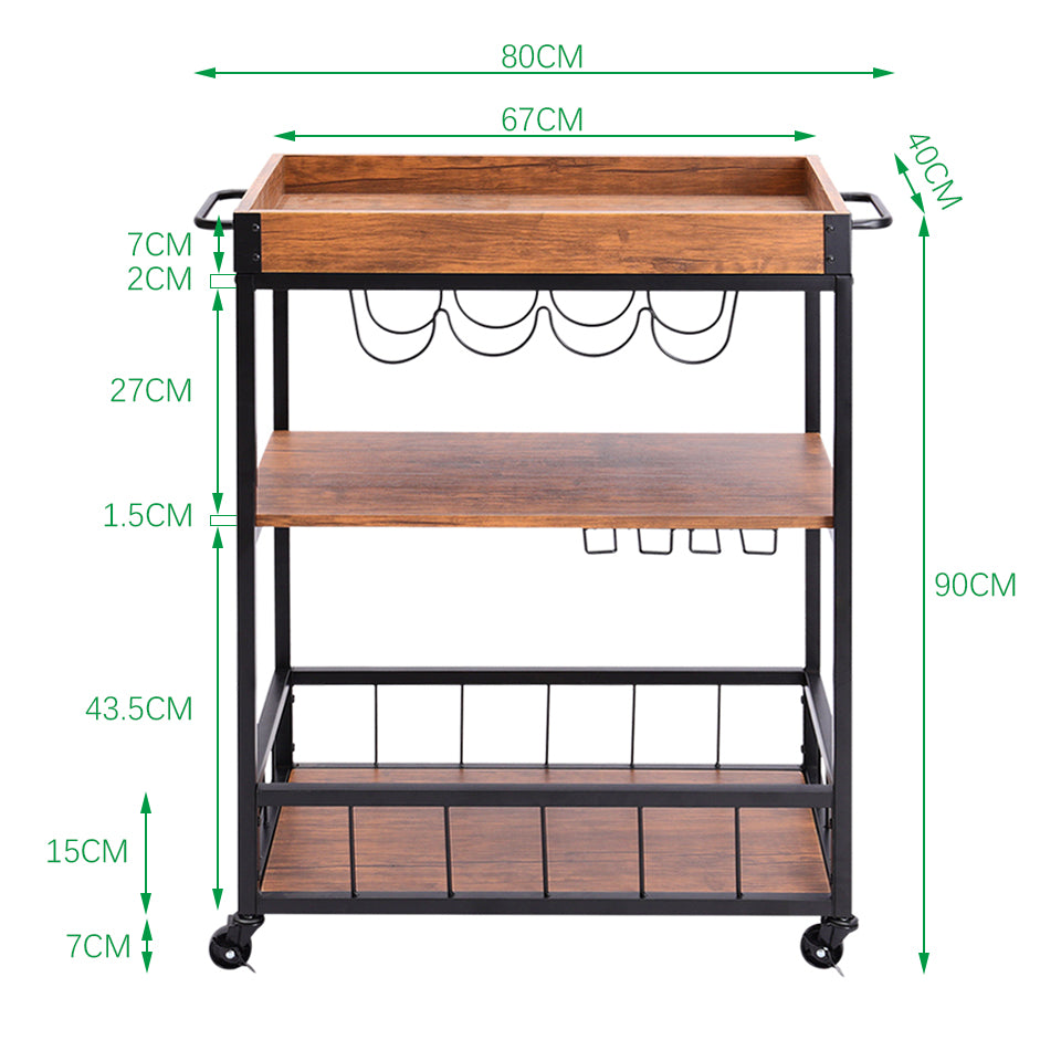 Fir Wood Kitchen Rolling Trolley with 3-Tier Shelving