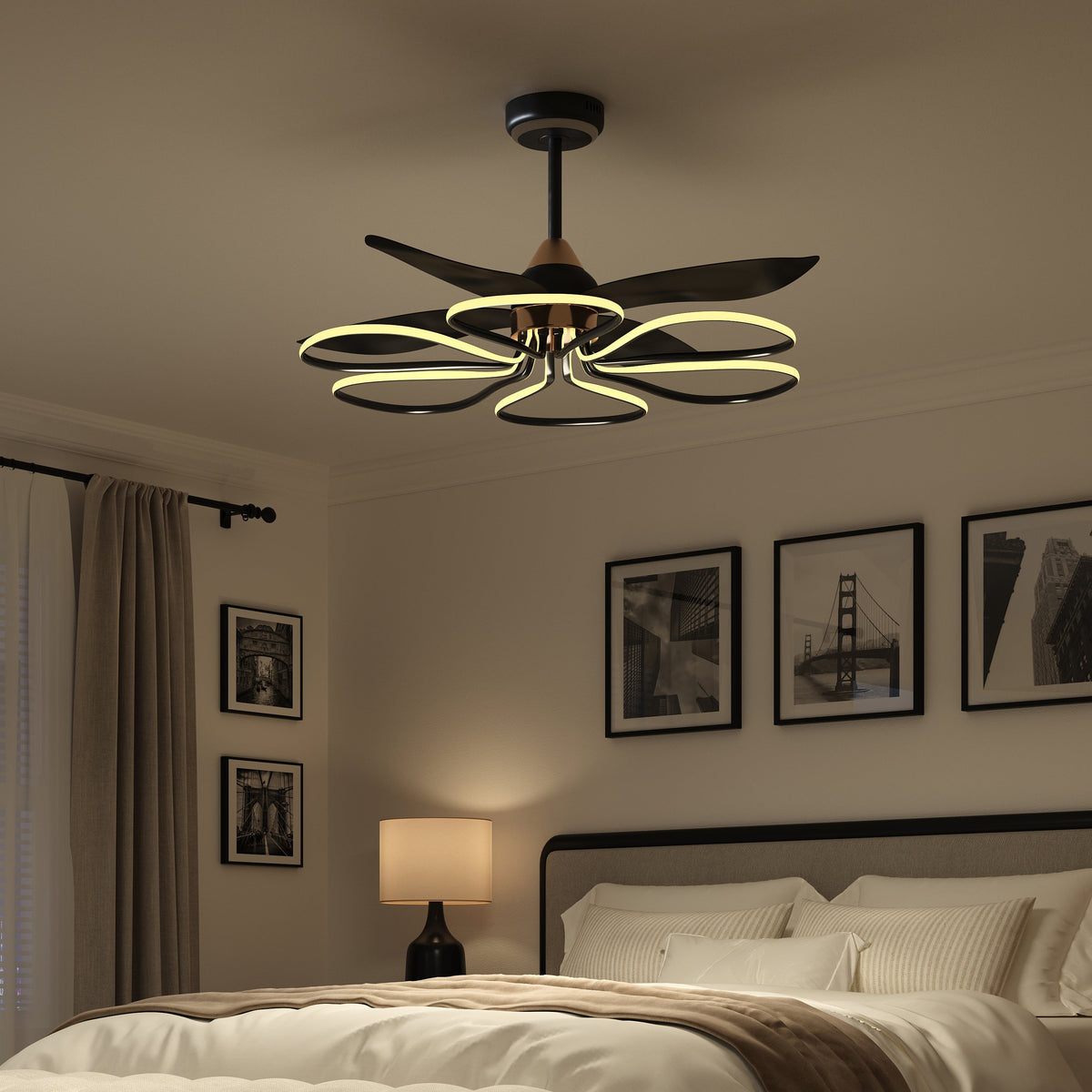 36-inch Black Modern Petal LED Ceiling Fan with Light - 6-Speed with Remote Control