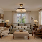 36 inch reversible ceiling fan with LED light cooling a bright bedroom