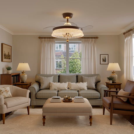 36 inch reversible ceiling fan with LED light cooling a bright bedroom