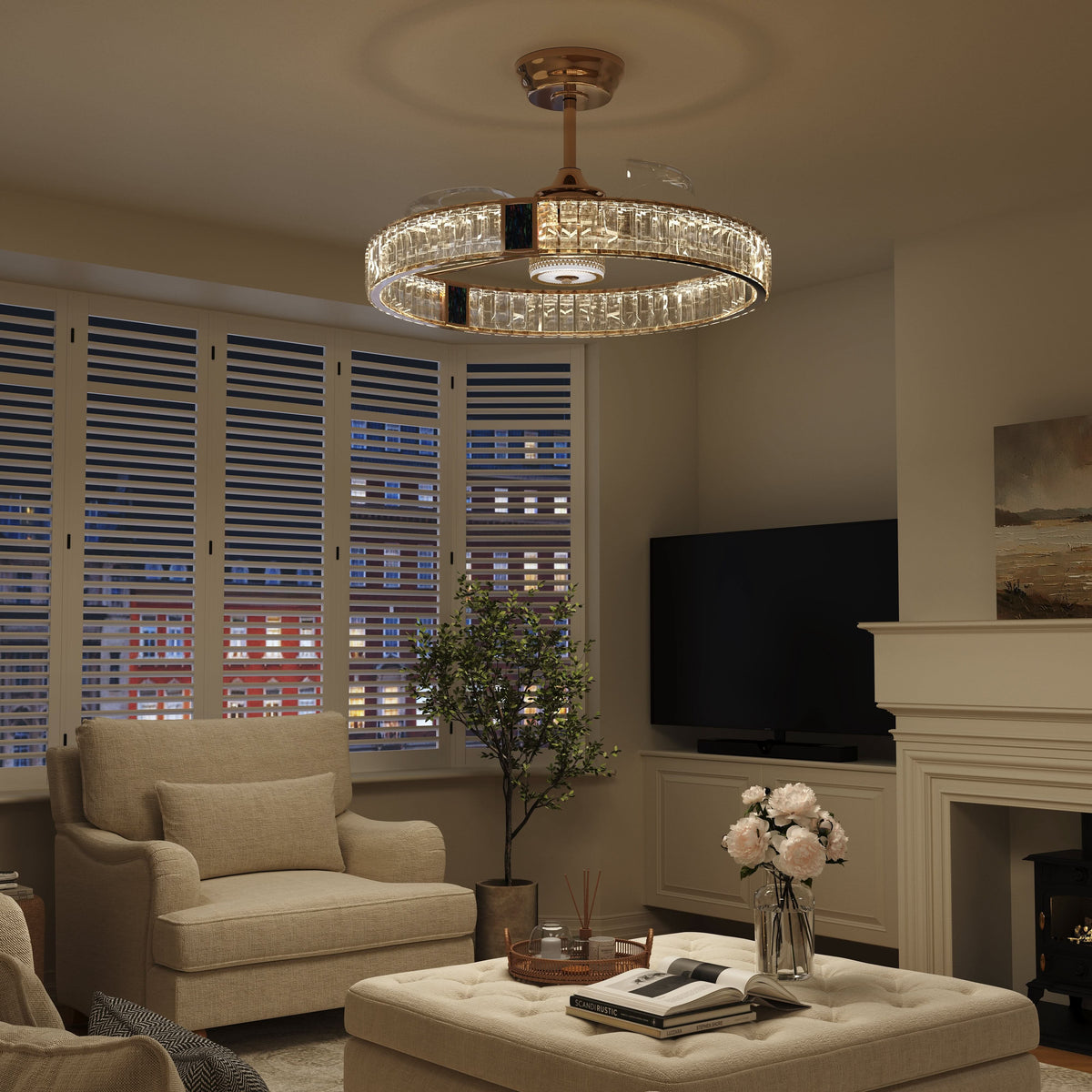 Elegant gold ceiling fan with crystal light fitted in a home interior
