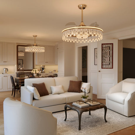 Ceiling Fan with Light Gold Crystal Design & Adjustable Color light in a home interior