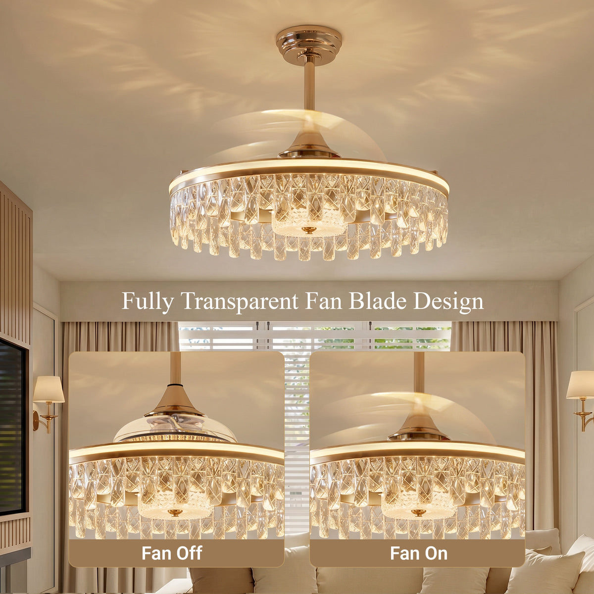 Ceiling Fan with Light Gold Crystal Design & Adjustable Color light in a home interior