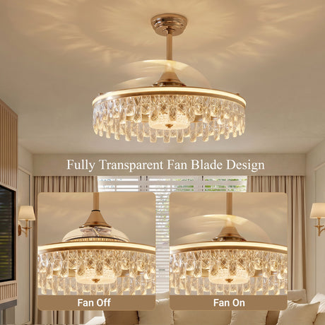 Ceiling Fan with Light Gold Crystal Design & Adjustable Color light in a home interior