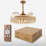 Ceiling Fan with Light Gold Crystal Design & Adjustable Color light on a bedroom bedside