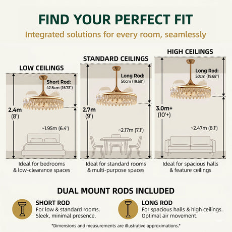 Size chart for Ceiling Fan with Light Gold Crystal Design & Adjustable Color