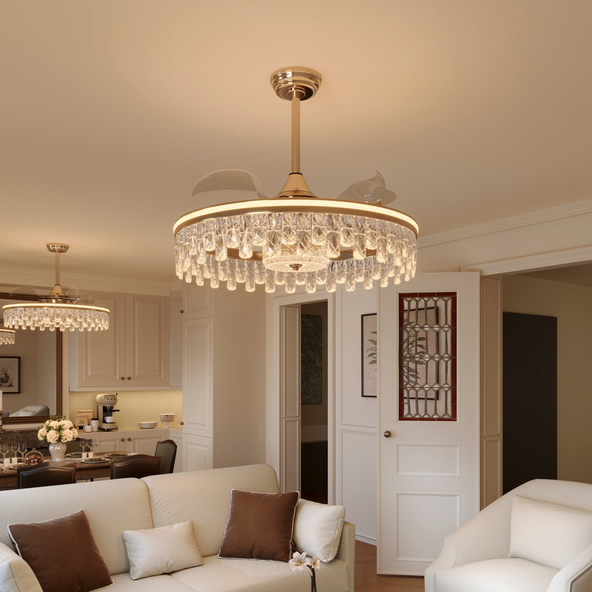 Ceiling Fan with Light Gold Crystal Design & Adjustable Color light on a bedroom bedside