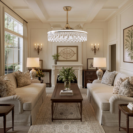 Close-up detail of Ceiling Fan with Light Gold Crystal Design & Adjustable Color