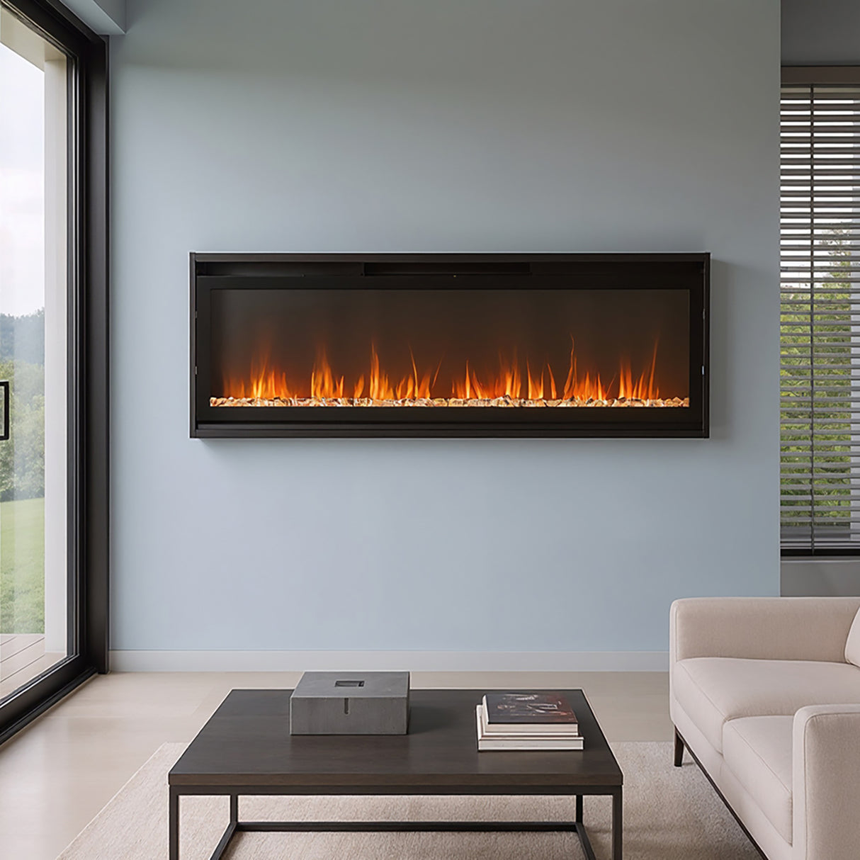 40/50/60inch Black Wall Mounted & Recessed Electric Fireplace with Adjustable Flame & Brightness