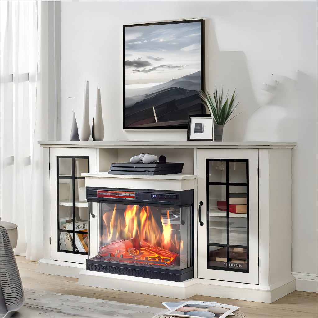 3 Sided Electric Fireplace TV Stand With Glass Door Storage