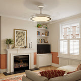48 inch reversible ceiling fan with LED light shown from below with LED light on