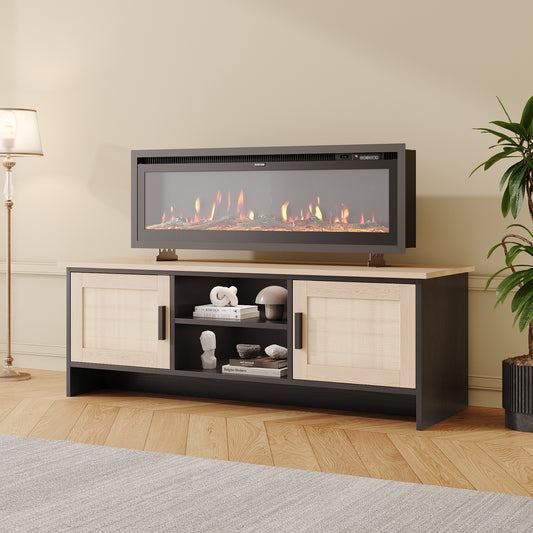 Refreshing Rattan-Door Cabinet TV Stand with Electric Fireplace Set